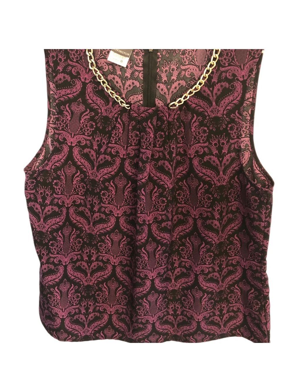 Size Large Covington Damask Paisley Sleeveless Blouse Gold Chain Decor Flowy
